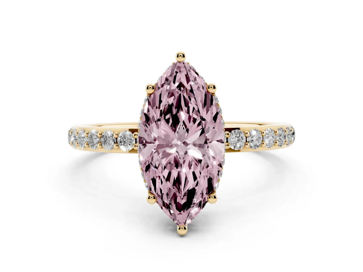 Fancy Pink Marquise Cut Diamond Solitaire Ring with Pavé Band and Hidden Halo Yellow gold