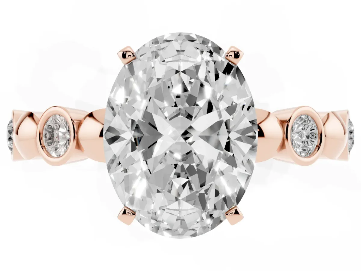 Oval Cut Solitaire Bezel-Set Diamond Ring with Beaded Band and Four-Prong Setting Rose gold