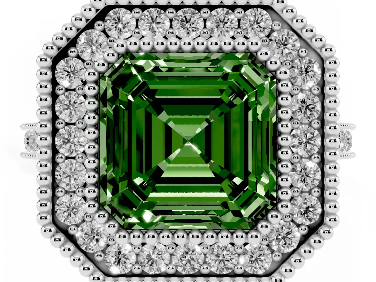 Fancy Green Asscher Cut Diamond Halo Ring with Milgrain Frame and Pavé Band White gold
