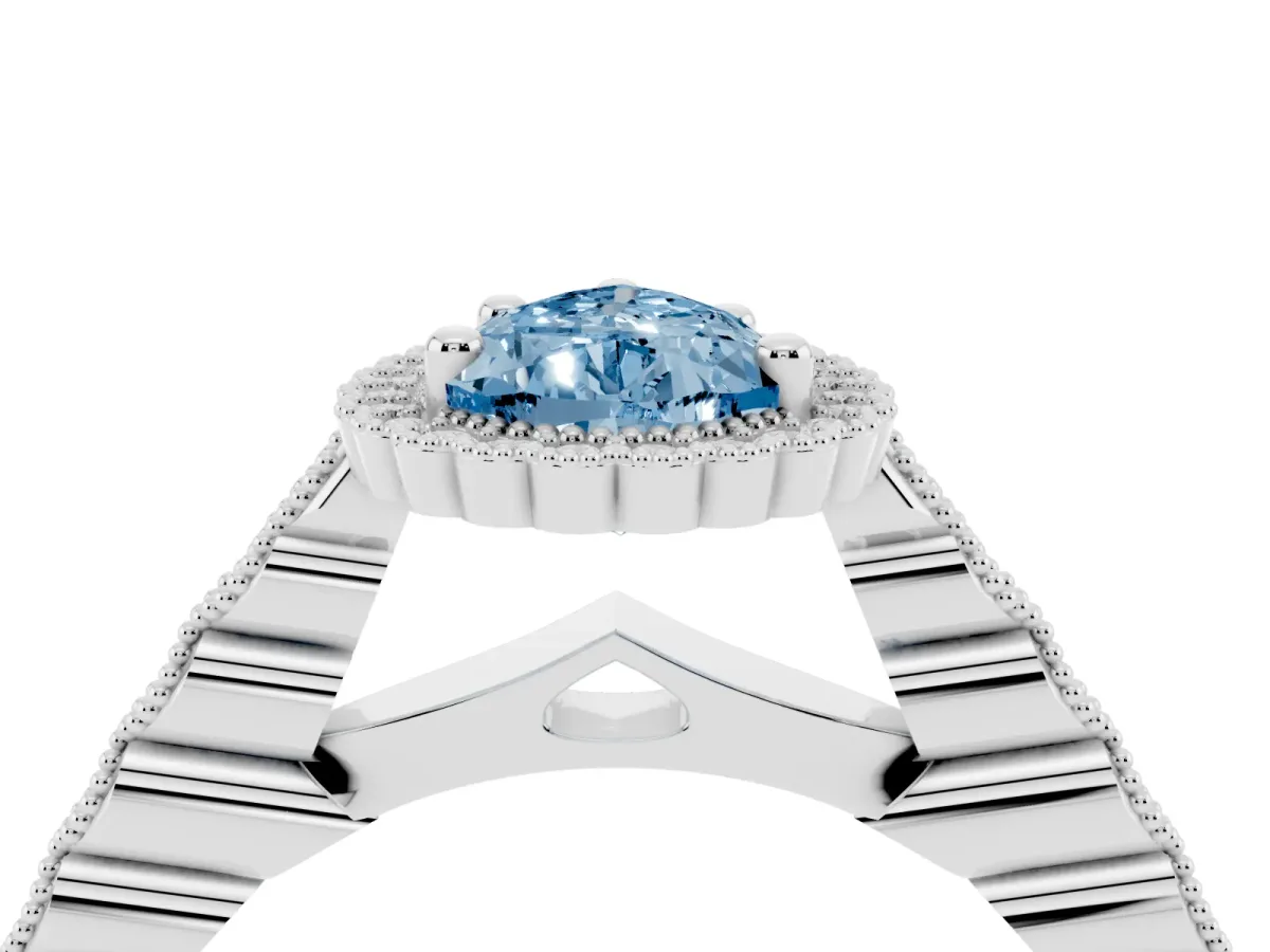 Fancy Blue Pear Cut Cut Halo Pavé Solitaire Ring with Milgrain Band Silver