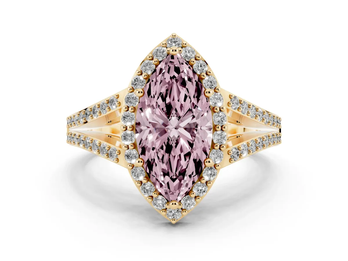 Fancy Pink Marquise Cut Halo Split Shank Diamond Ring with Prong Setting Yellow gold