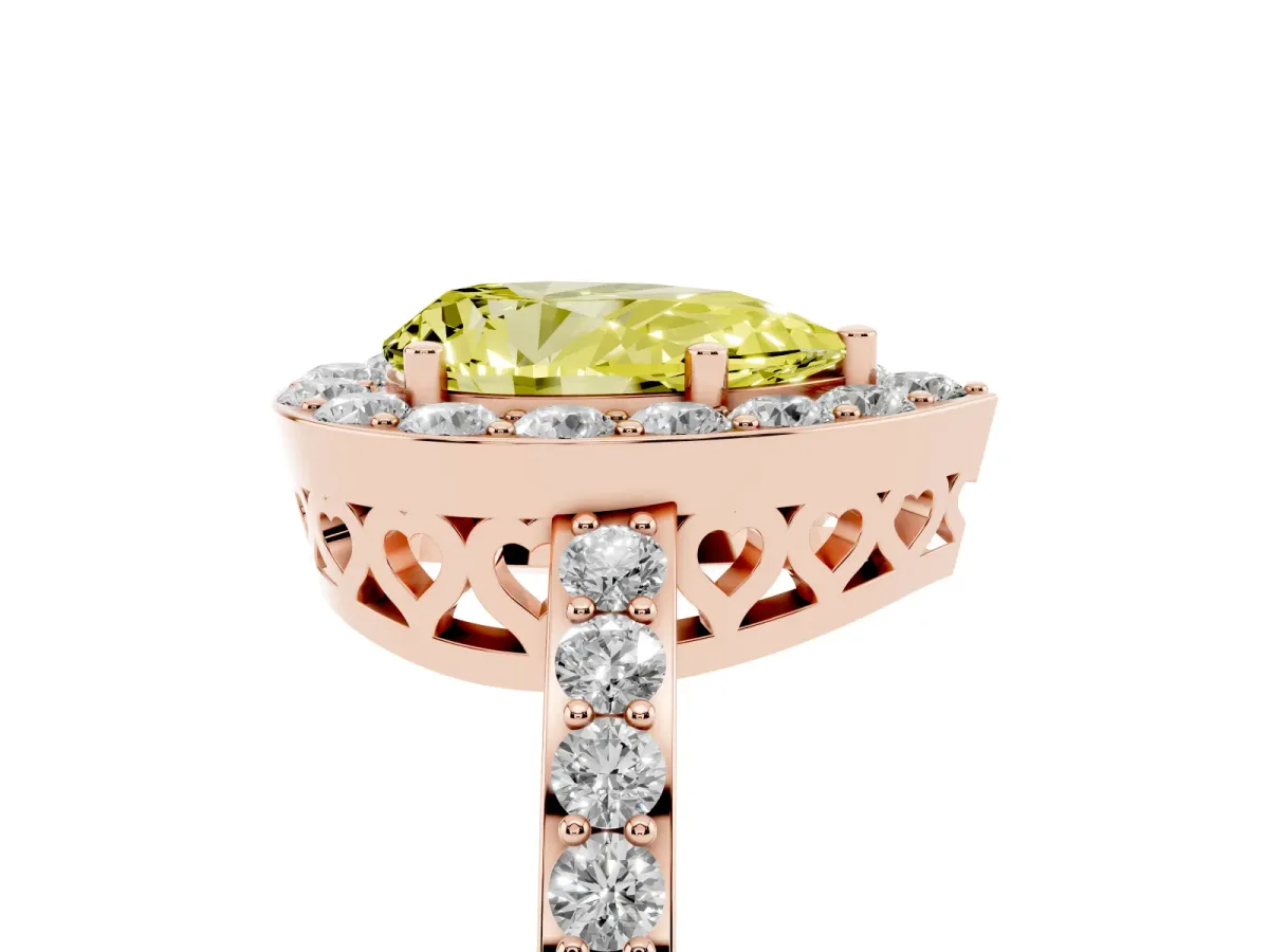 Fancy Yellow Pear Cut Halo Diamond Pavé Band Ring with Prong Setting Rose gold
