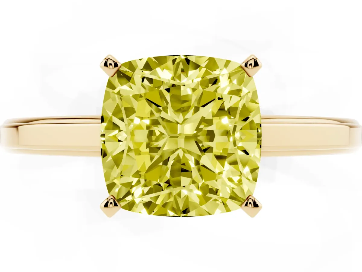 Fancy Yellow Cushion Cut Solitaire Diamond Ring with Four-Prong Setting and Classic Band Yellow gold