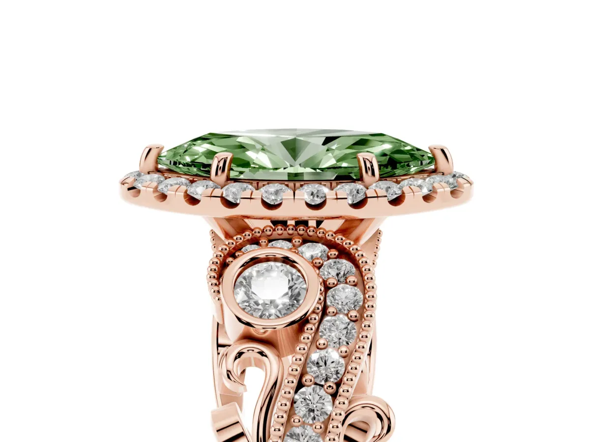 Fancy Green Marquise Cut Halo Diamond Ring with Milgrain and Bezel Accents on a Split Shank Band Rose gold