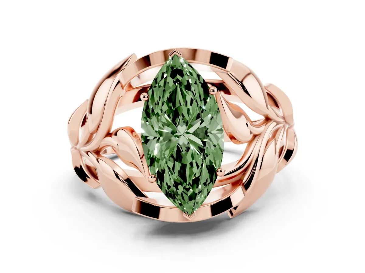 Fancy Green Marquise Cut Diamond Leaf-Inspired Engagement Ring with Round Accents and Prong Setting Rose gold
