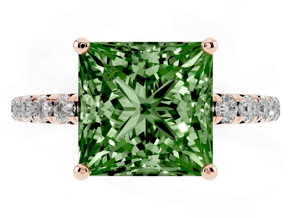 Fancy Green Princess Cut Cut Diamond Solitaire Ring with Micro Pave Band and Four Prong Setting Rose gold