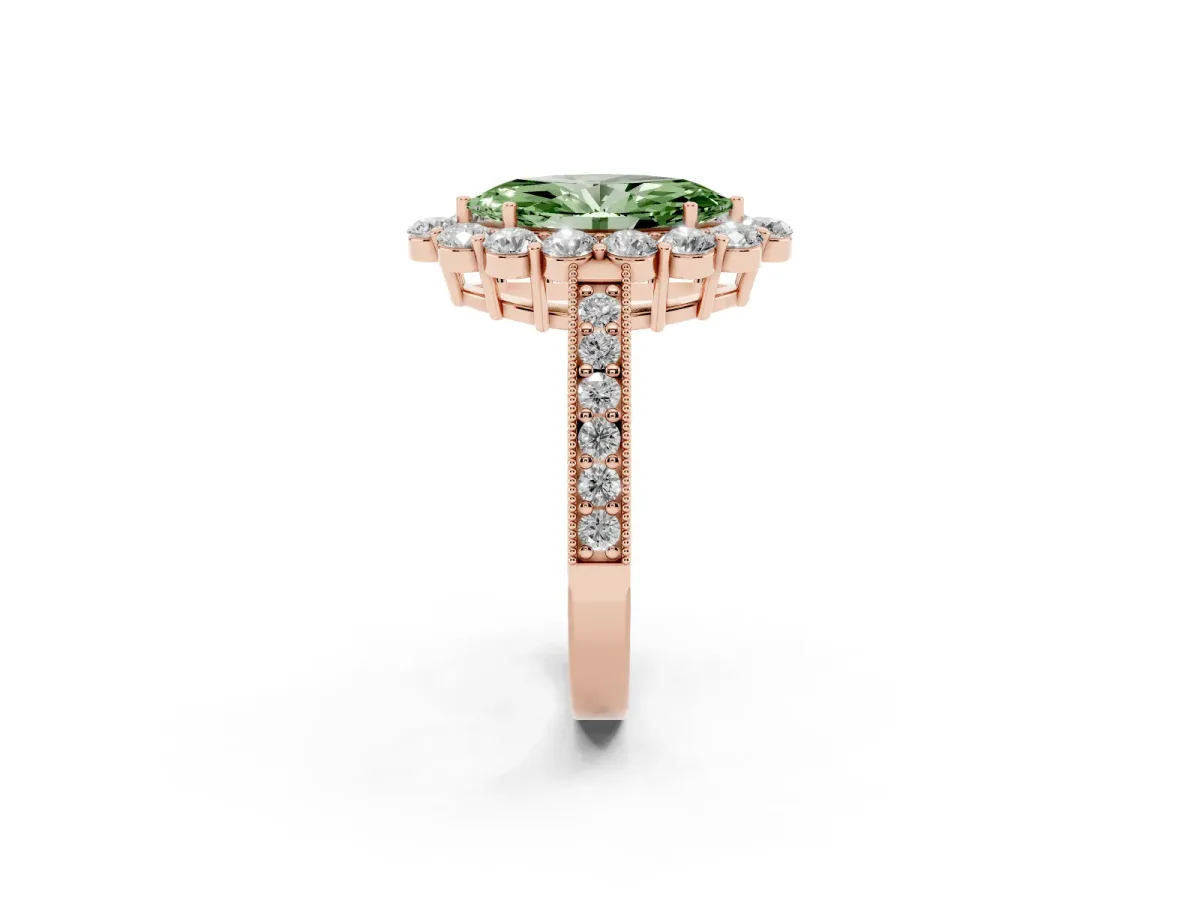Fancy Green Marquise Cut Cut Halo Diamond Pavé Engagement Ring with Milgrain Detailing Rose gold