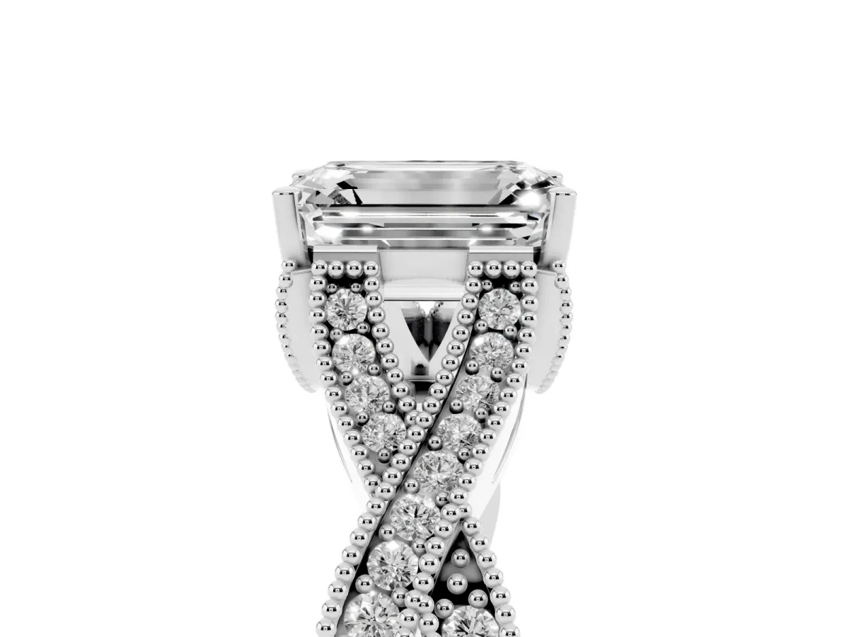 Emerald Cut Cut Diamond Twisted Band with Milgrain Pave Setting and Four-Prong Setting Silver