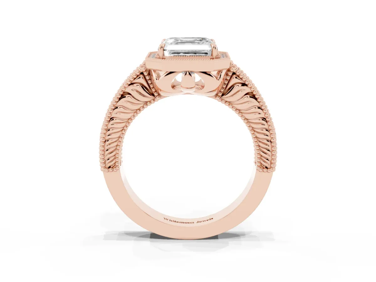 Asscher Cut Cut Halo Diamond Ring with Pavé Band and Four-Prong Setting Rose gold