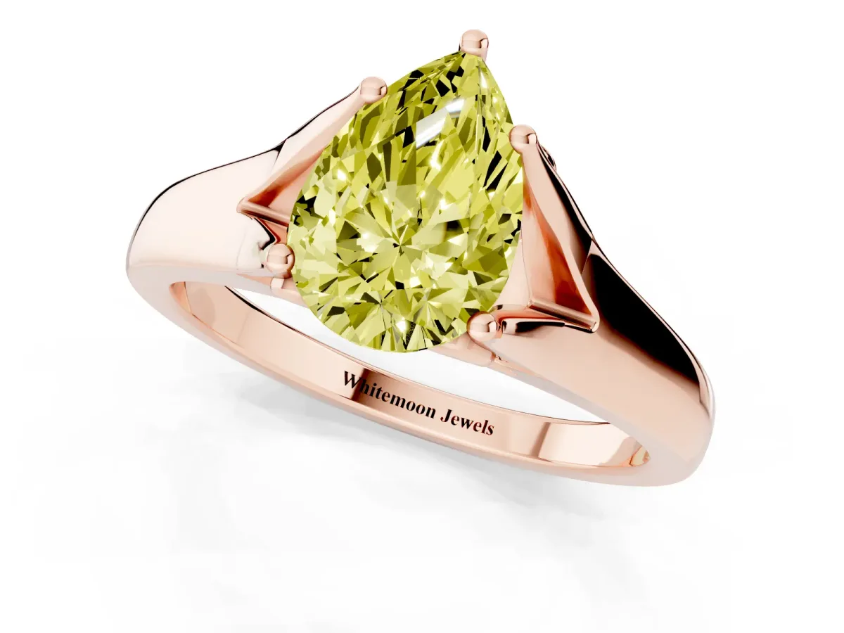 Fancy Yellow Pear Cut Solitaire Diamond Ring with Cathedral Band and Four-Prong Setting Rose gold