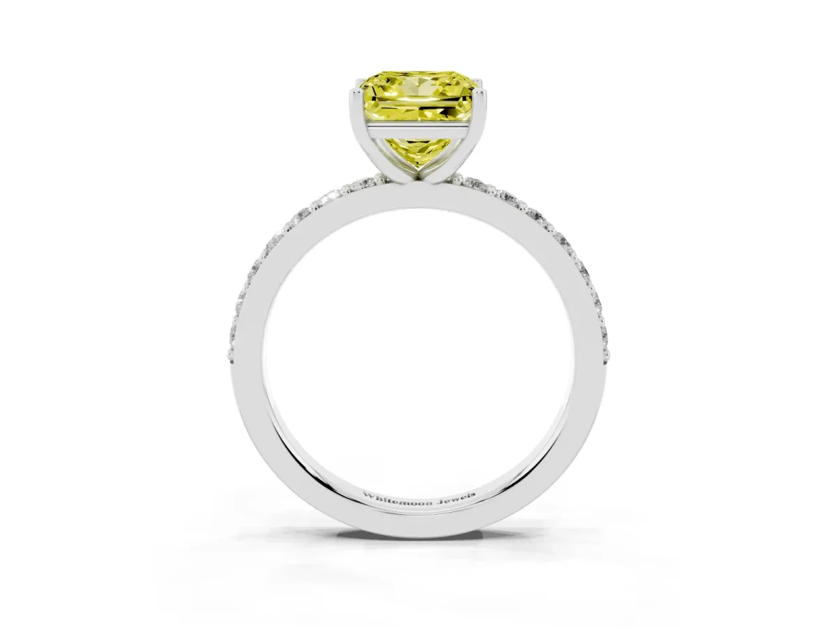 Fancy Yellow Princess Cut Cut Diamond Solitaire with Pave Band and Four-Prong Setting Silver