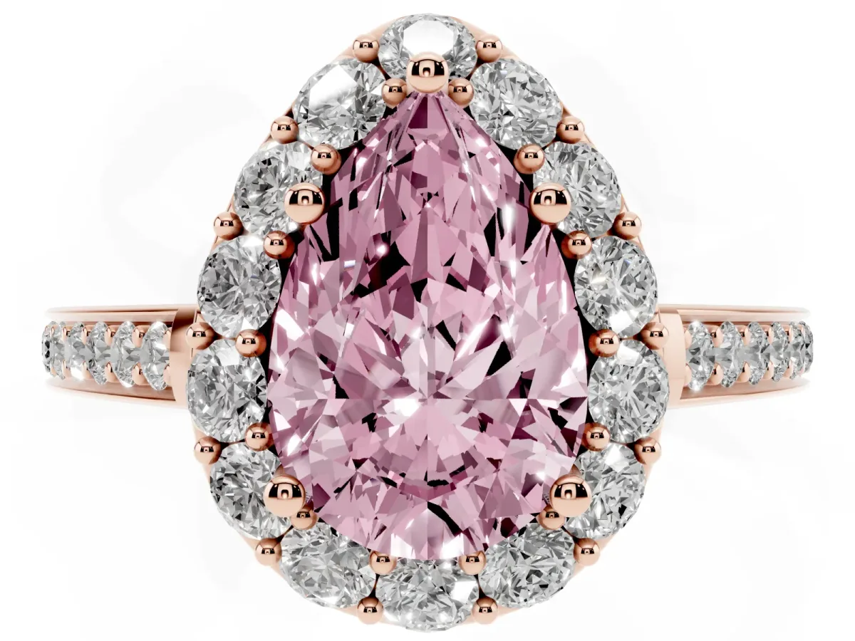 Fancy Pink Pear Cut Diamond Floral Halo Ring with Pavé Band and Prong Setting Rose gold