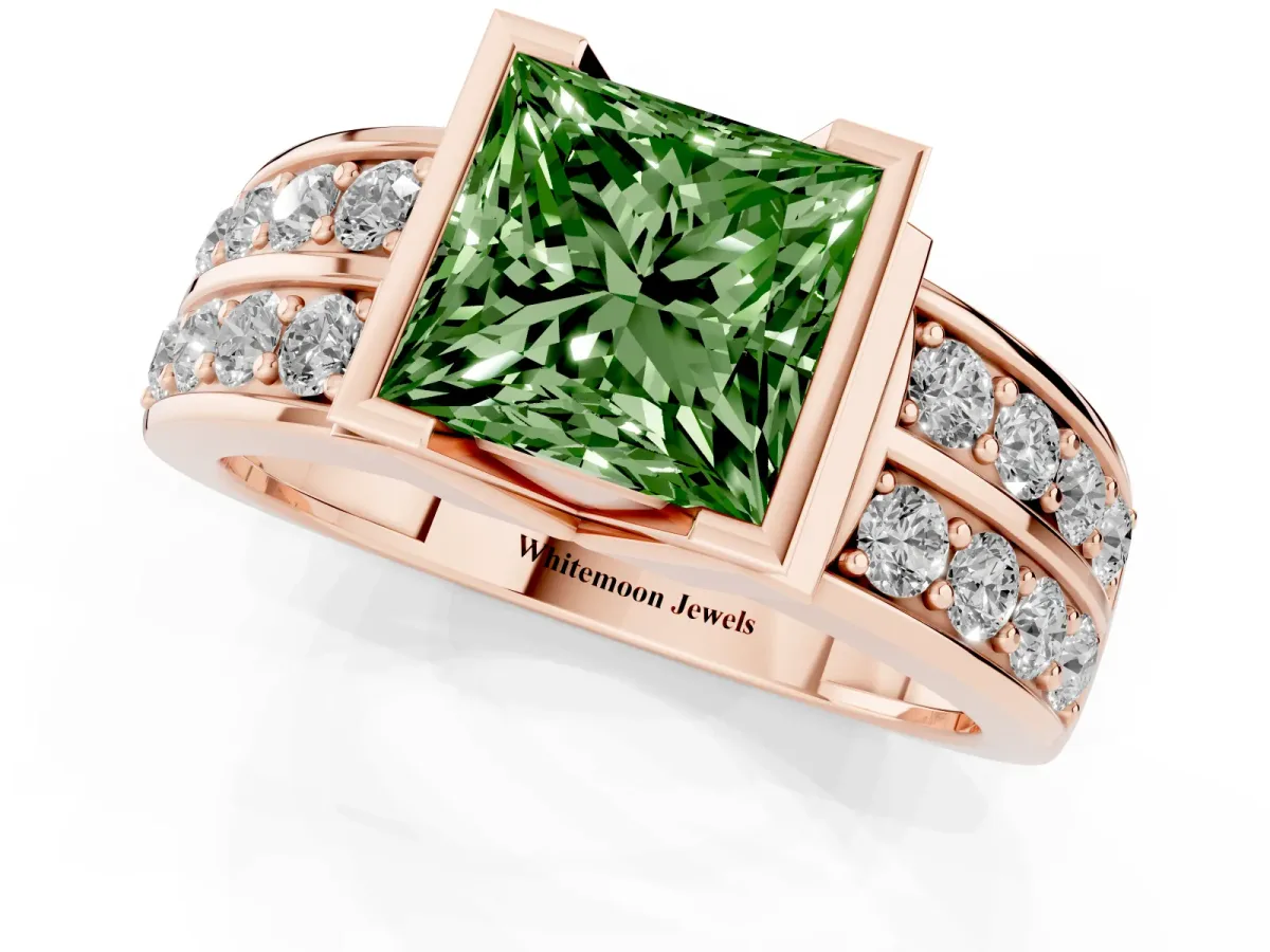Fancy Green Princess Cut Brilliant Diamond Channel Set Wide Band Ring with Bezel Setting Rose gold