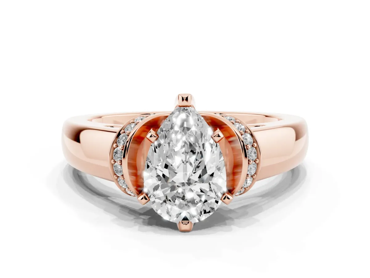 Pear Cut Solitaire Diamond Ring with Pave Band and Six-Prong Setting Rose gold