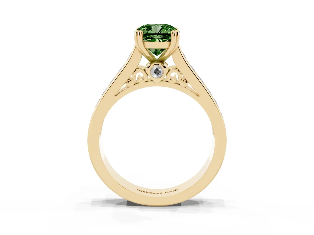 Fancy Green Cushion Cut Cut Channel Set Solitaire Engagement Ring with Prong Setting Yellow gold