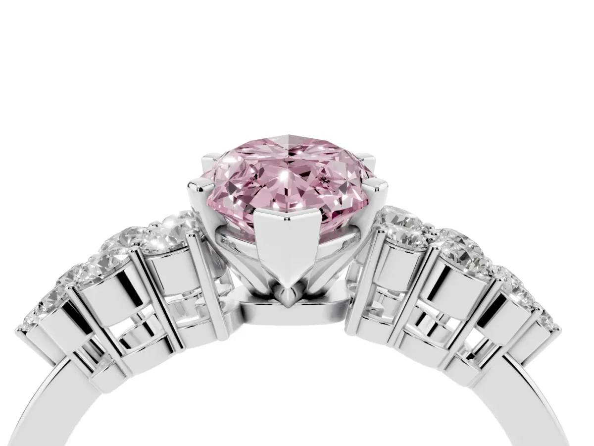 Fancy Pink Marquise Cut Cluster Diamond Engagement Ring with Pavé Band and Four-Prong Setting Silver