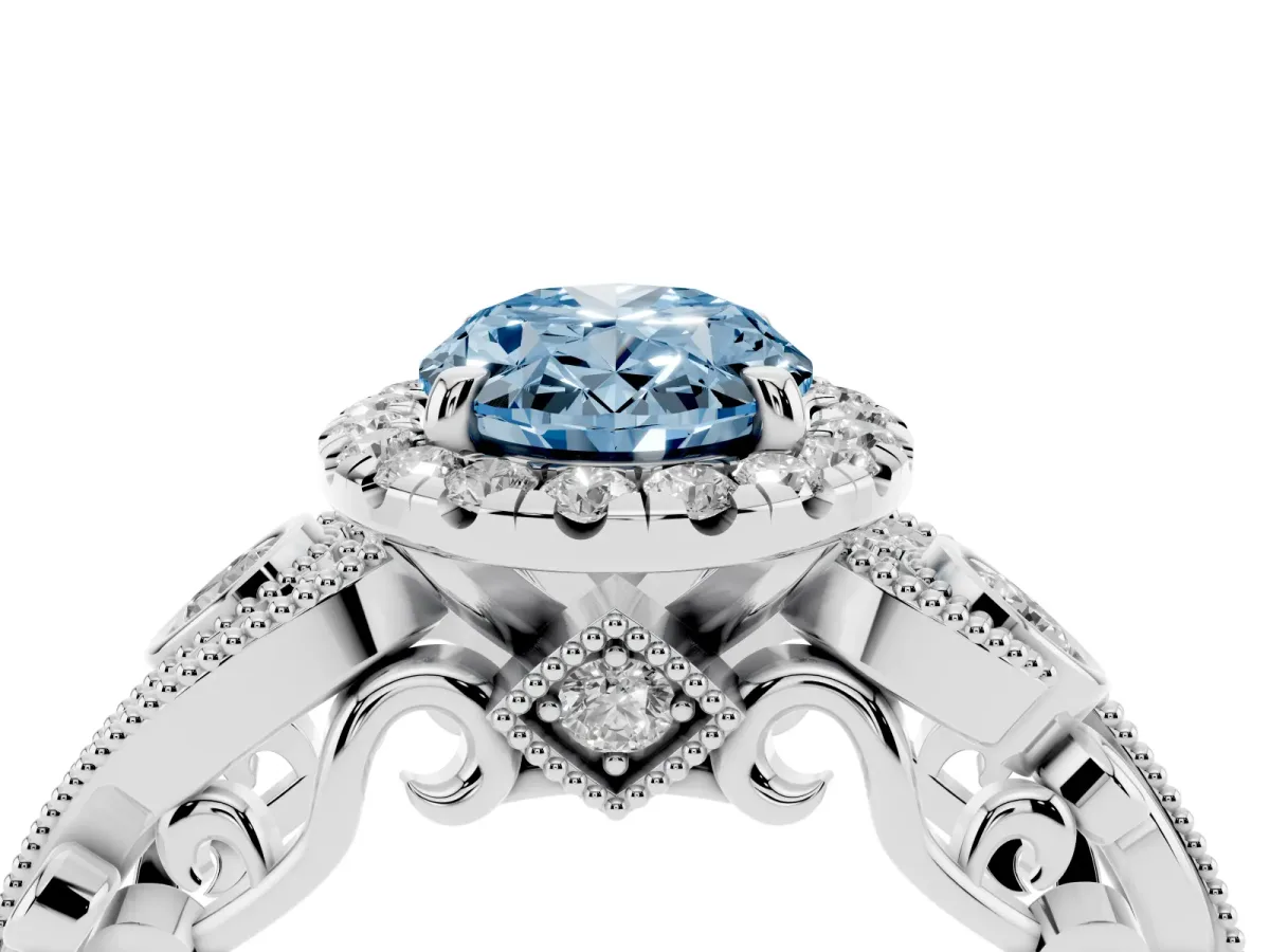 Fancy Blue Oval Cut Diamond Halo Ring with Milgrain Pavé Band and Four-Prong Setting Silver