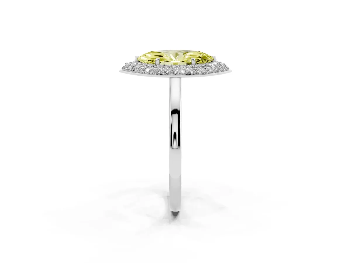Fancy Yellow Marquise Cut Halo Diamond Engagement Ring with Solitaire Band and Four-Prong Setting Platinum