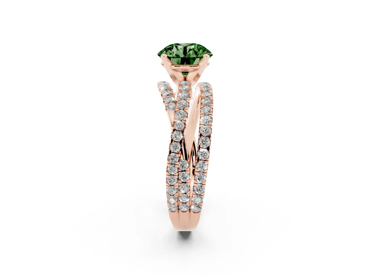Fancy Green Round Cut Solitaire Twist Band with Pavé Setting and Four-Prong Setting Rose gold