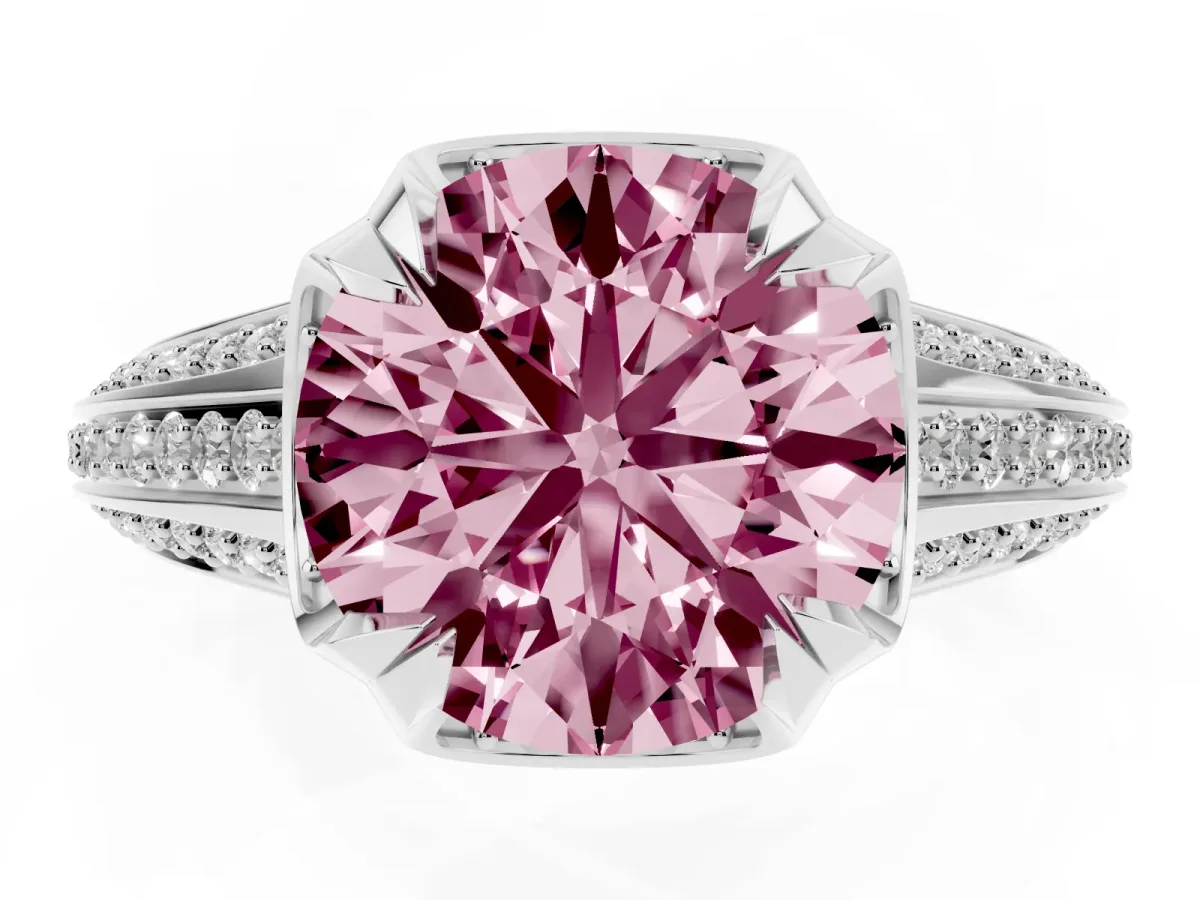 Fancy Pink Round Cut Solitaire Pave Split Shank Ring with Four-Prong Setting Platinum