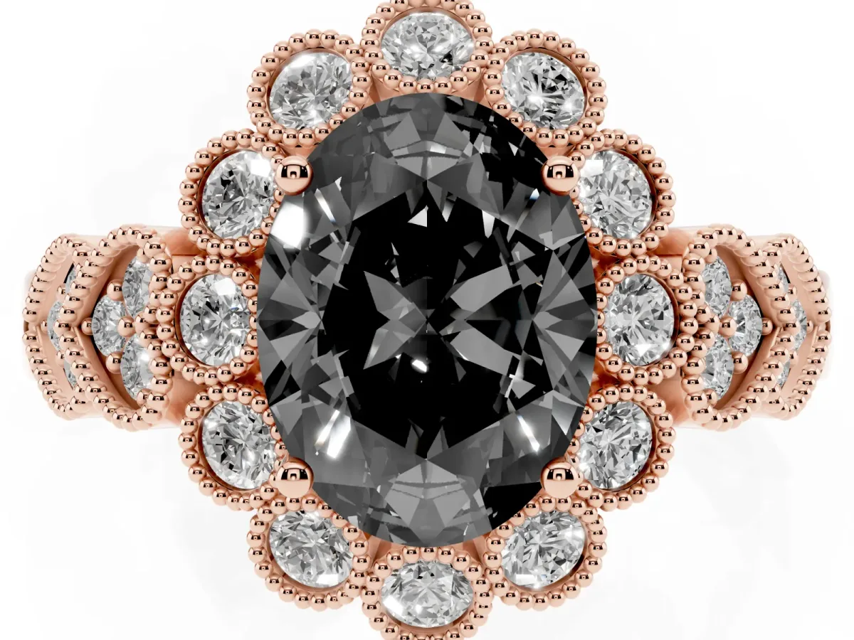 Fancy Black Oval Cut Brilliant Milgrain Pave Heart Band Solitaire Ring Rose gold