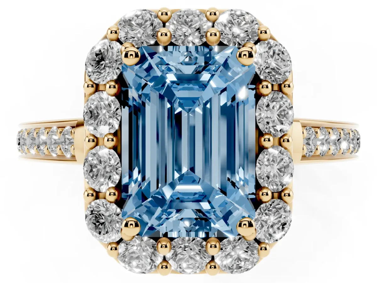 Fancy Blue Emerald Cut Diamond Floral Halo Ring with Pavé Band and Prong Setting Yellow gold