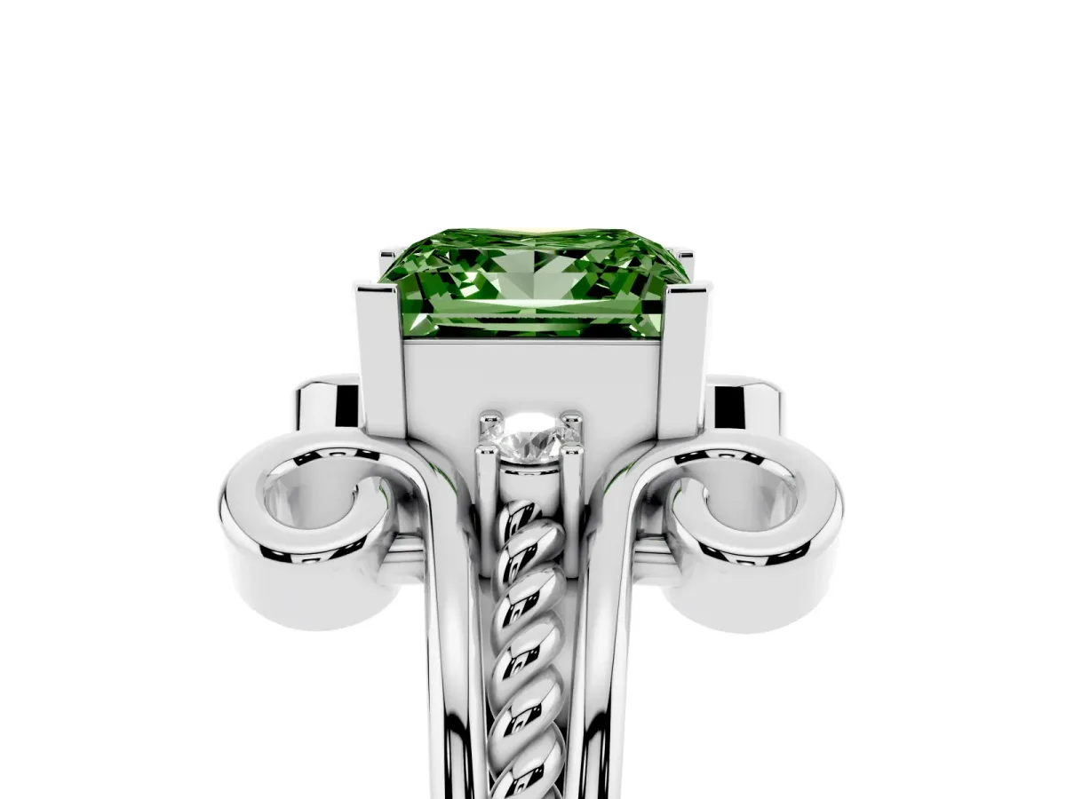 Fancy Green Princess Cut Solitaire Twisted Band Scroll Prong Ring Silver