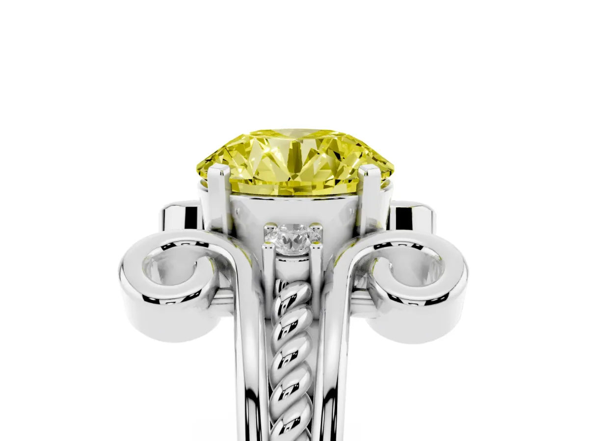 Fancy Yellow Round Cut Solitaire Twisted Band Scroll Prong Ring Silver