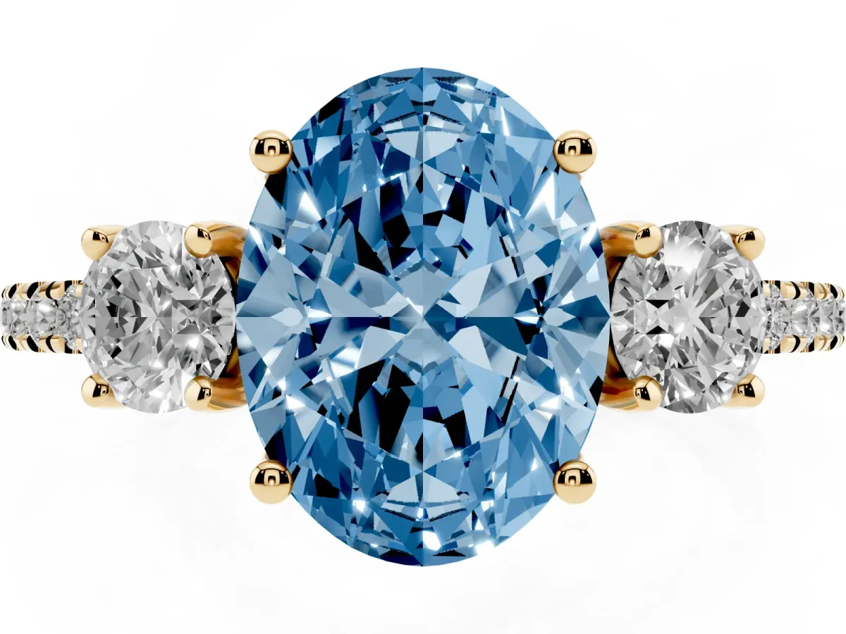 Fancy Blue Three-Stone Oval Cut Cut Diamond Pavé Band with Prong Setting Yellow gold