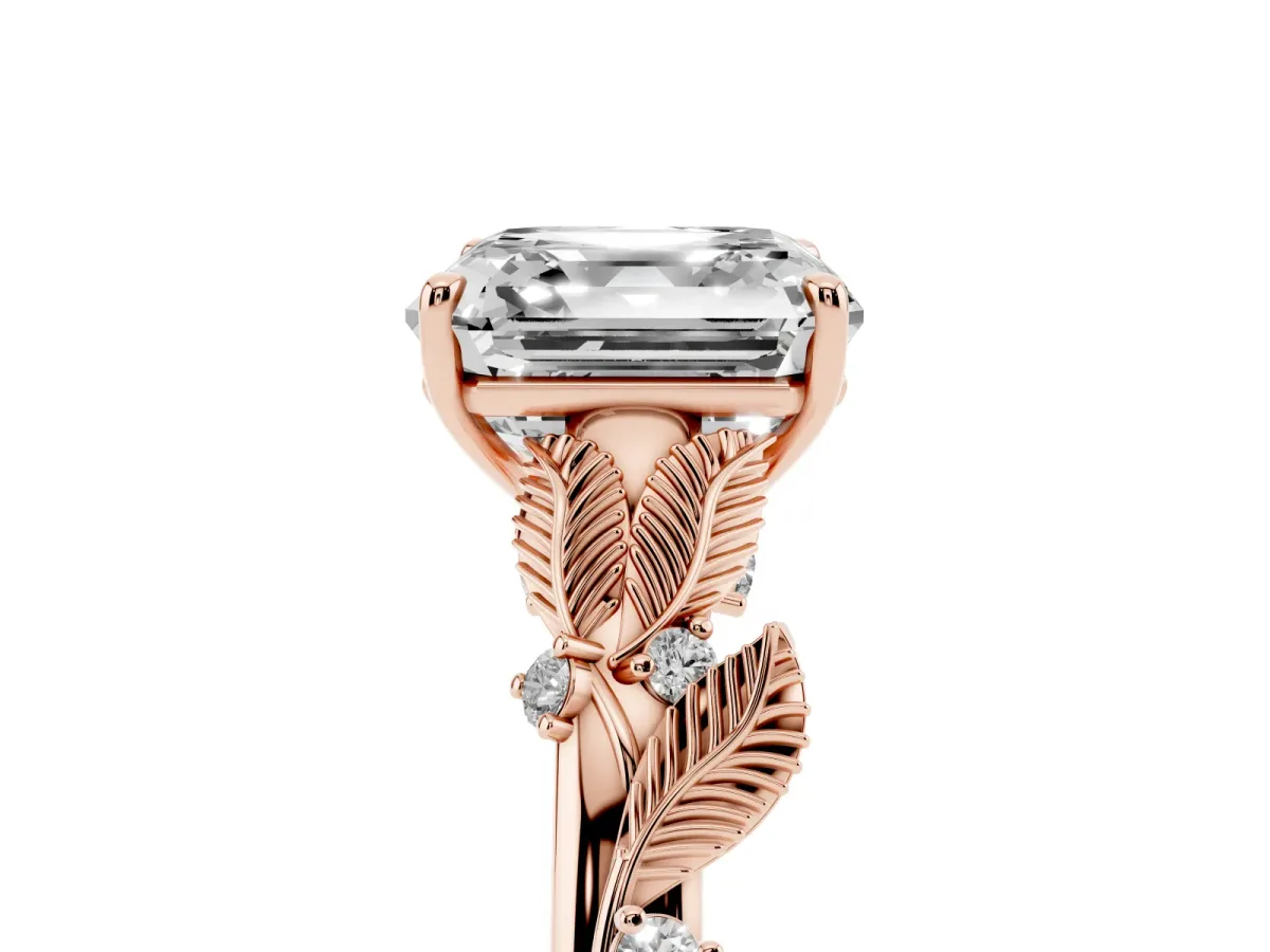 Asscher Cut Diamond Solitaire Ring with Leaf Motif Band and Four-Prong Setting Rose gold