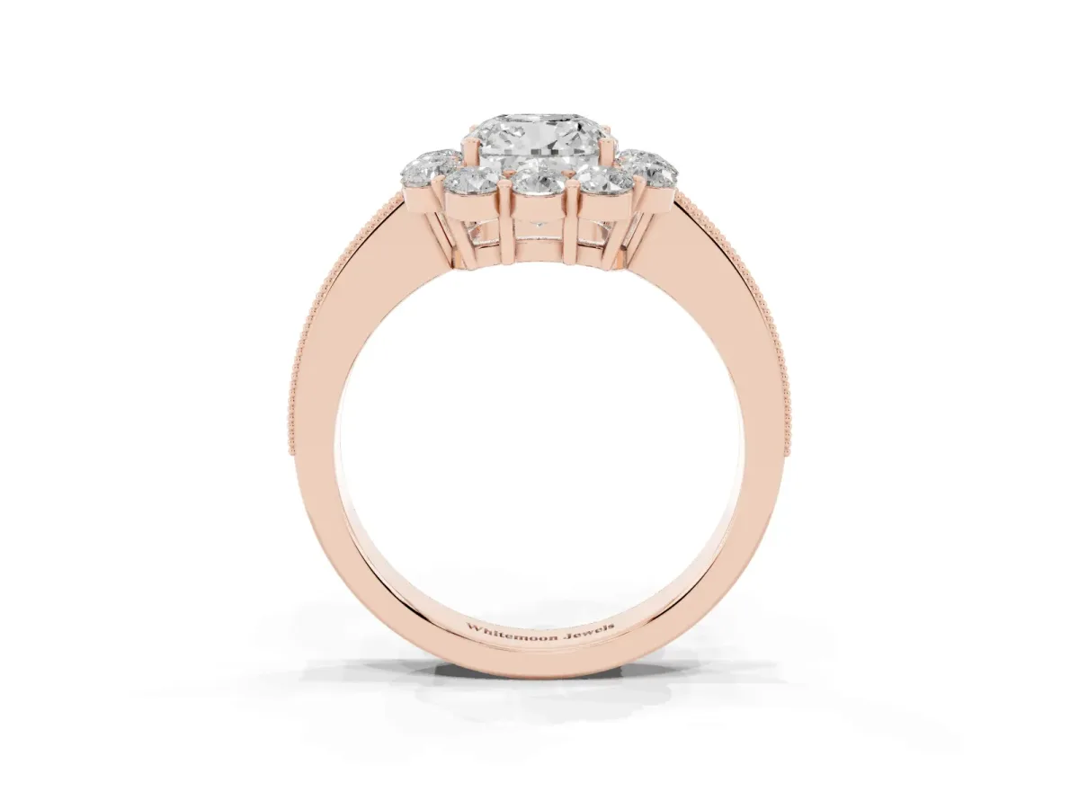 Cushion Cut Cut Halo Diamond Pavé Engagement Ring with Milgrain Detailing Rose gold