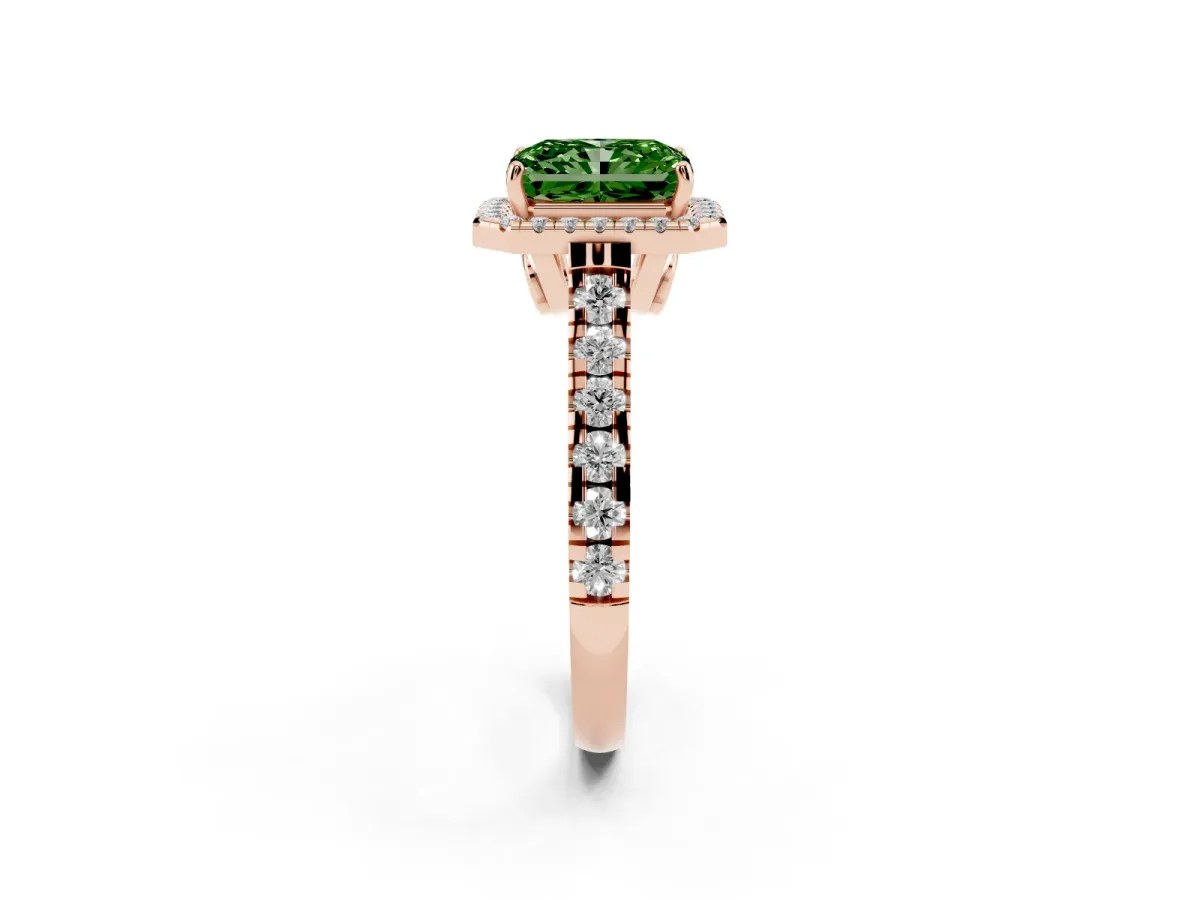 Fancy Green Radiant Cut Halo Pavé Diamond Engagement Ring with Four-Prong Setting Rose gold