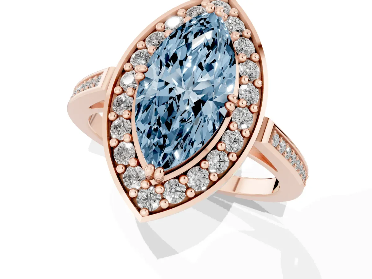 Fancy Blue Marquise Cut Diamond Halo Ring with Split Shank and Four-Prong Setting Rose gold
