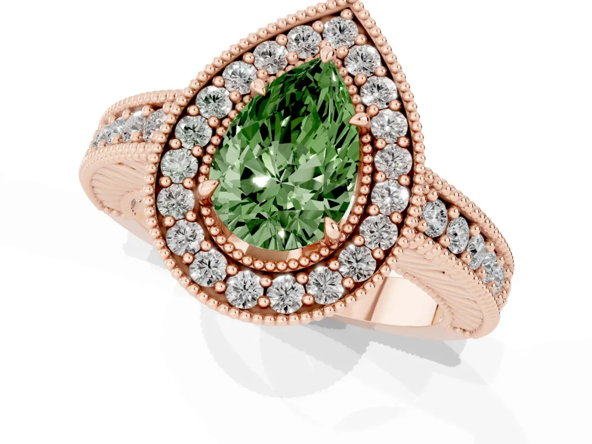 Fancy Green Pear Cut Cut Halo Diamond Ring with Pavé Band and Four-Prong Setting Rose gold