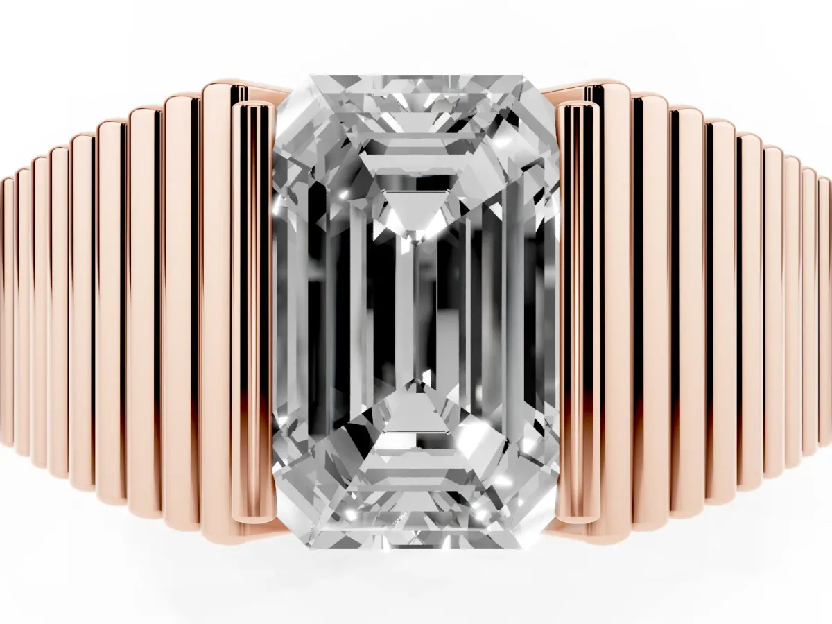 Emerald Cut Diamond Fluted Mens Ring Rose gold