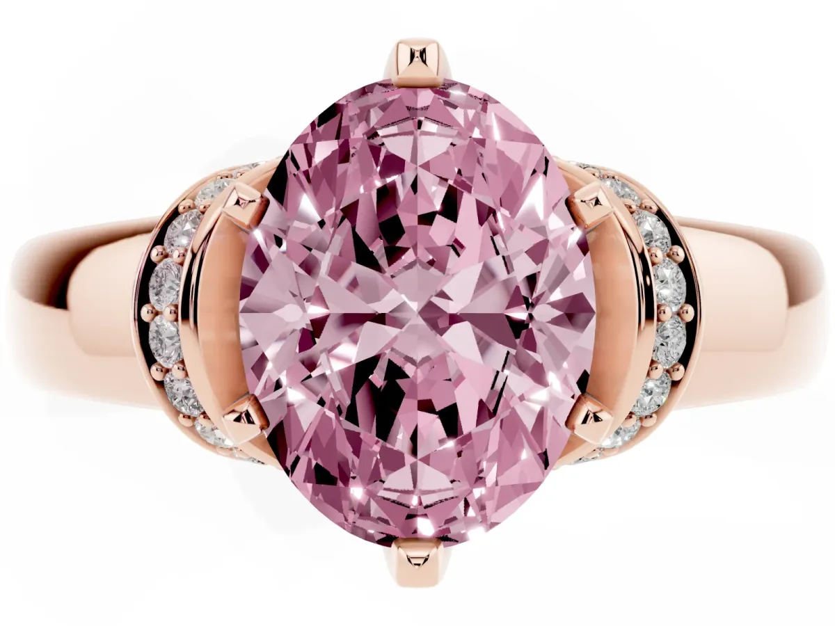 Fancy Pink Oval Cut Solitaire Diamond Ring with Pave Band and Six-Prong Setting Rose gold