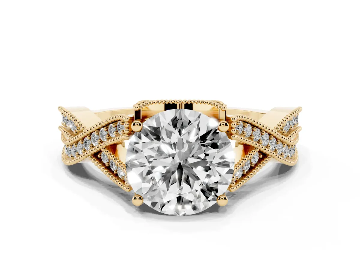 Round Cut Cut Diamond Twisted Band with Milgrain Pave Setting and Four-Prong Setting Yellow gold