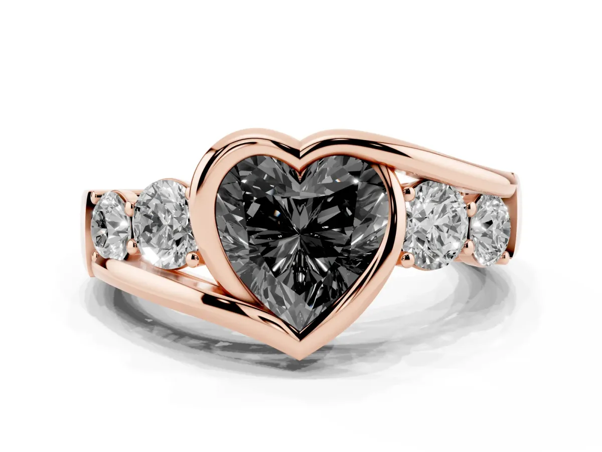 Fancy Black Bezel Set Heart Cut Diamond Bypass Ring with Round Accents Rose gold