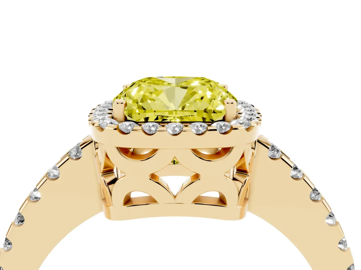 Fancy Yellow Cushion Cut Diamond Halo Engagement Ring with Pavé Band and Prong Setting Yellow gold