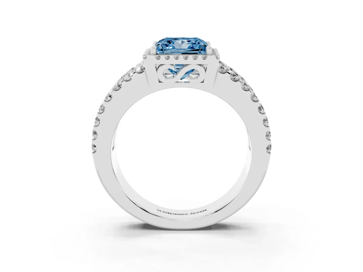 Fancy Blue Princess Cut Cut Halo Split Shank Diamond Ring with Four-Prong Setting Silver