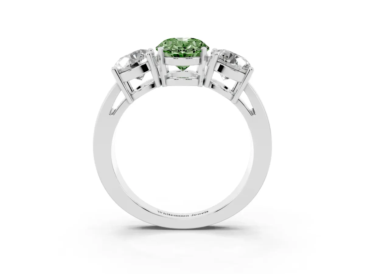 Fancy Green Three-Stone Oval Cut Diamond Ring with Round Side Stones, Classic Band, and Four-Prong Setting Silver