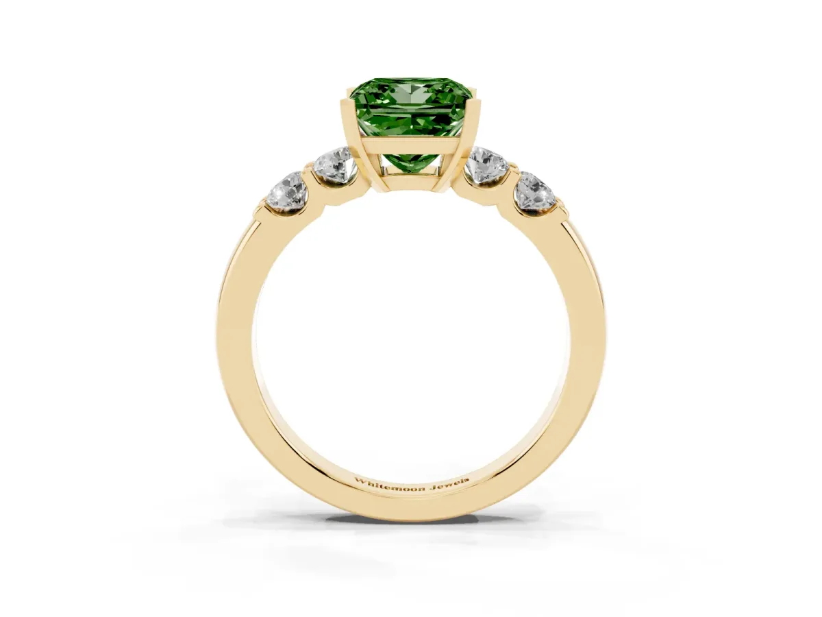 Fancy Green Princess Cut Brilliant Cut Diamond Five-Stone Prong Set Engagement Ring with Channel Band Yellow gold