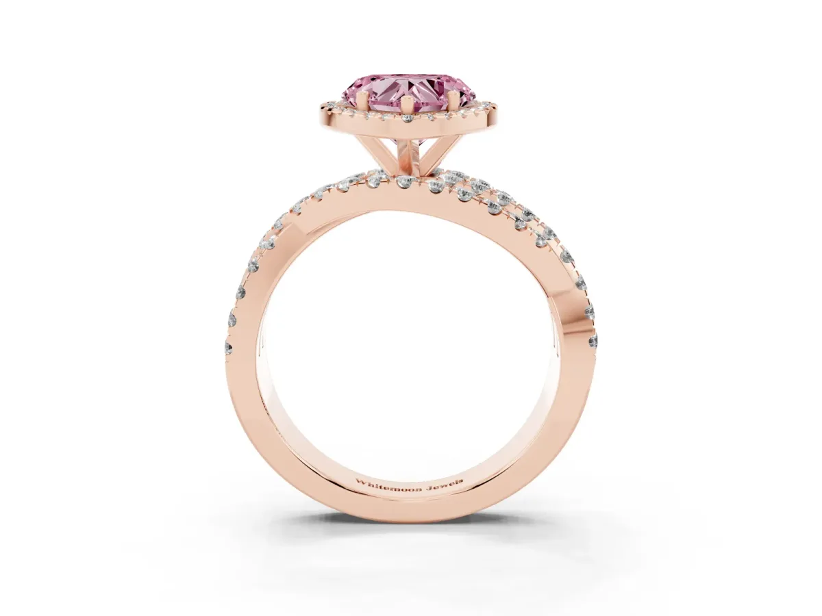 Fancy Pink Heart Cut Diamond Halo Ring with Round Split Shank and Prong Setting Rose gold
