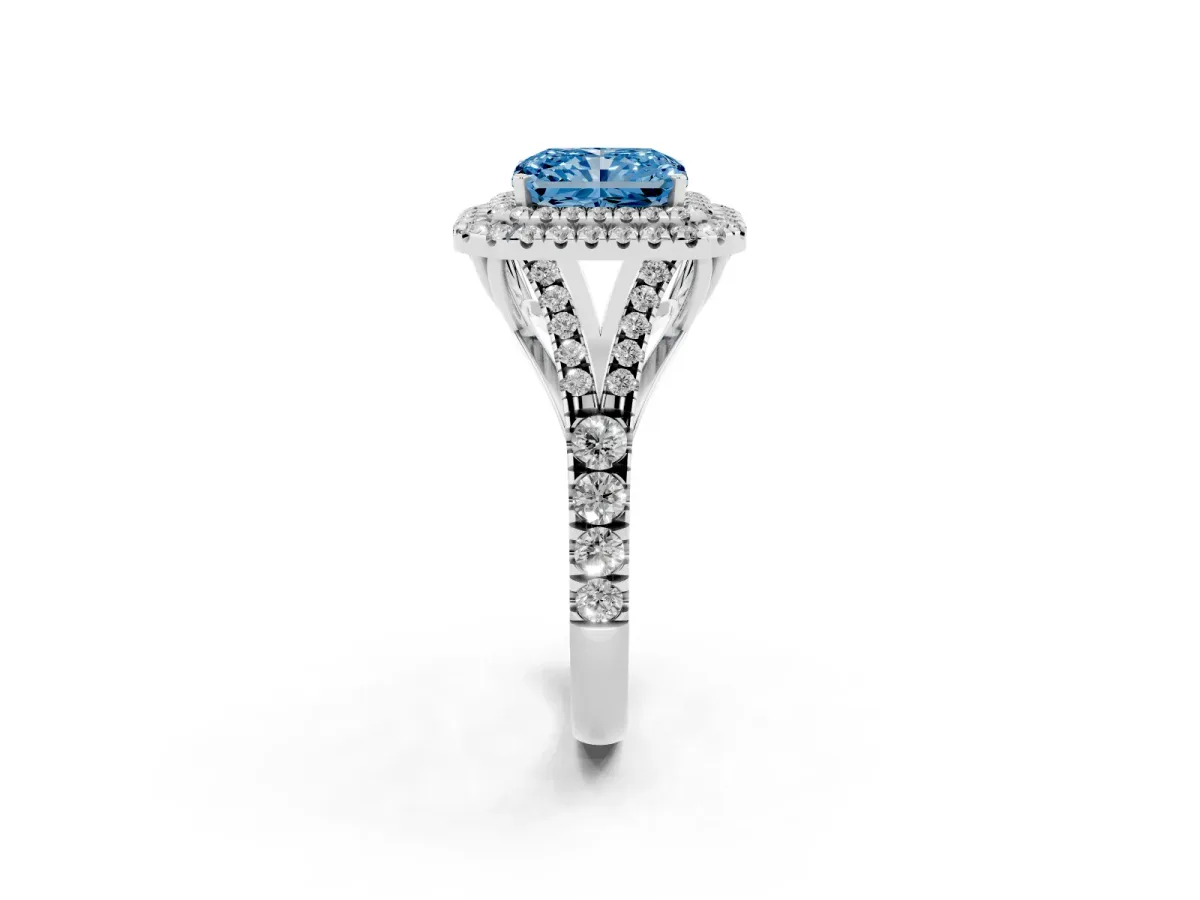 Fancy Blue Double Halo Radiant Cut Diamond Split Shank Engagement Ring with Four-Prong Setting Platinum