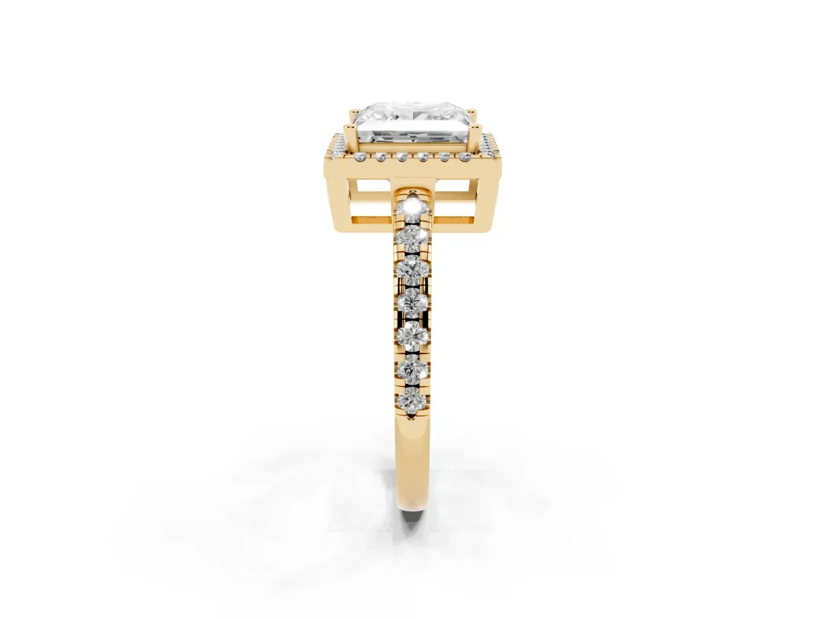 Princess Cut Diamond Halo Ring with Pavé Band and Four-Prong Setting Yellow gold