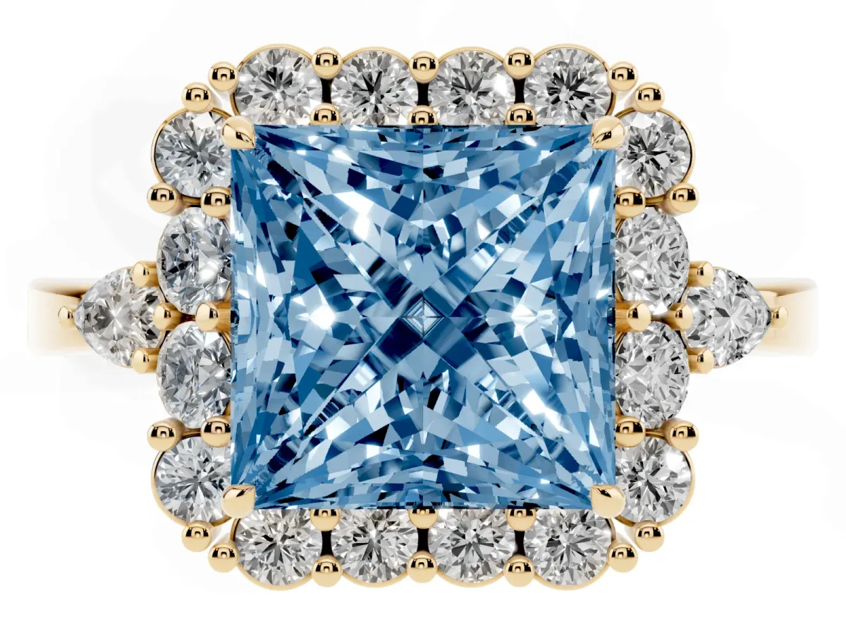 Fancy Blue Princess Cut Diamond Halo Ring with Pear Side Stones and Prong Setting Yellow gold