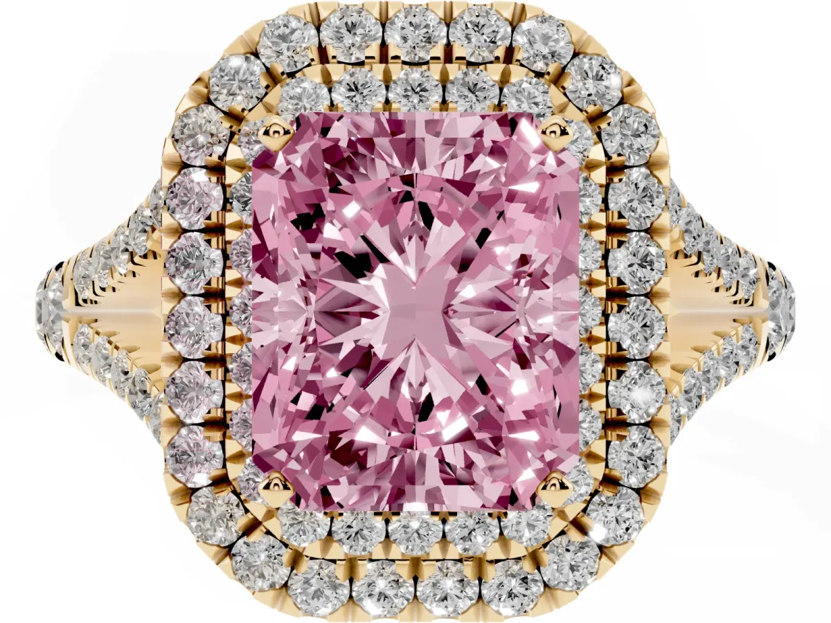 Fancy Pink Radiant Cut Diamond Double Halo Ring with Split Shank and Prong Setting Yellow gold