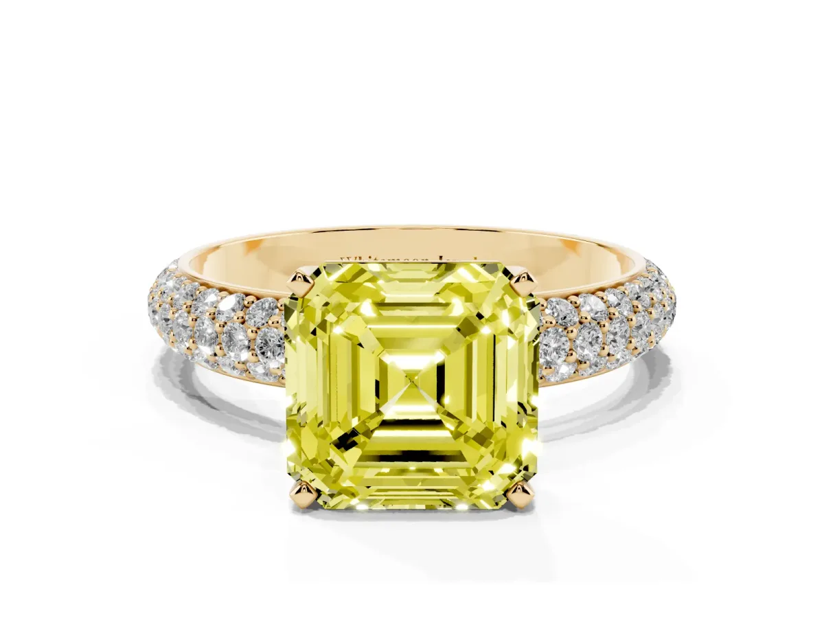 Fancy Yellow Asscher Cut Diamond Solitaire Ring with Prong Setting and Pavé Band Yellow gold