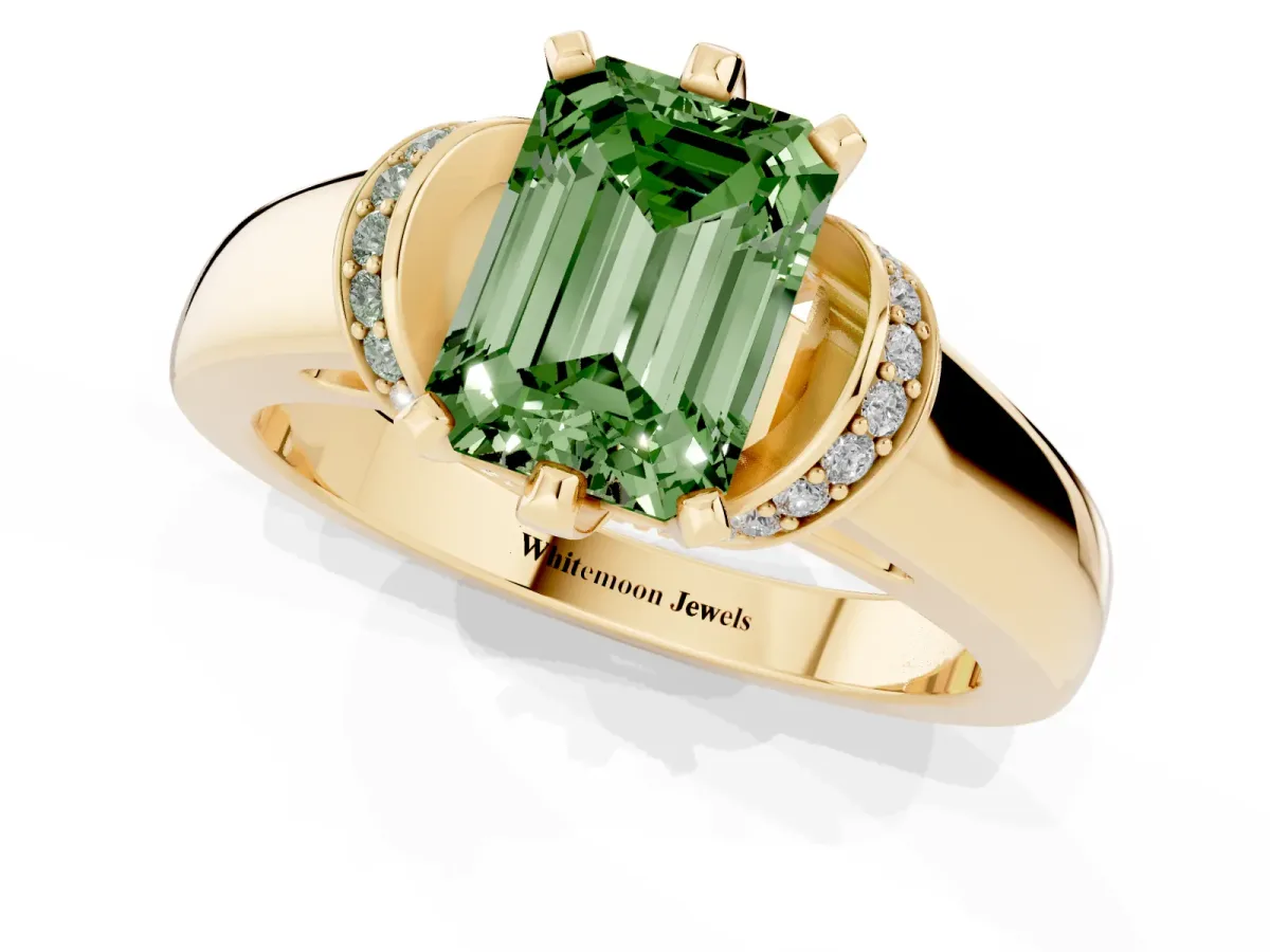 Fancy Green Emerald Cut Solitaire Diamond Ring with Pave Band and Six-Prong Setting Yellow gold