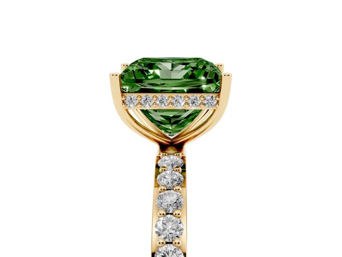 Fancy Green Princess Cut Diamond Solitaire Ring with Pavé Band and Hidden Halo Yellow gold